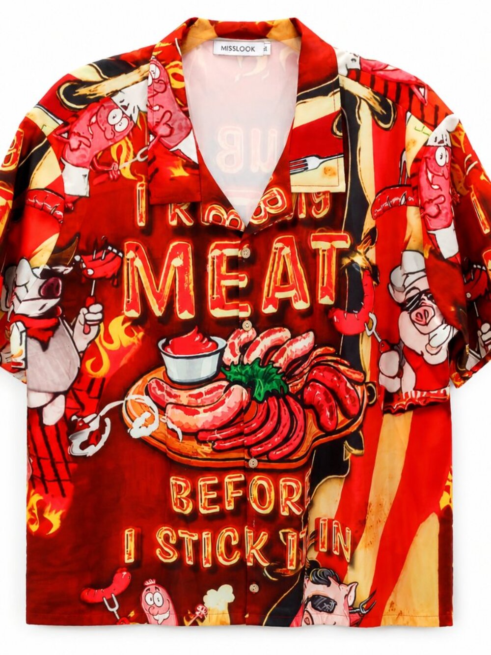MISSLOOK Men's BBQ Graphic Button-Up Camp Shirt Red Novelty Print XL Short Sleev